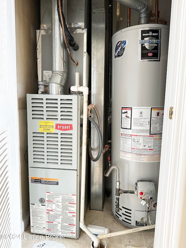 utility room with gas water heater and heating unit