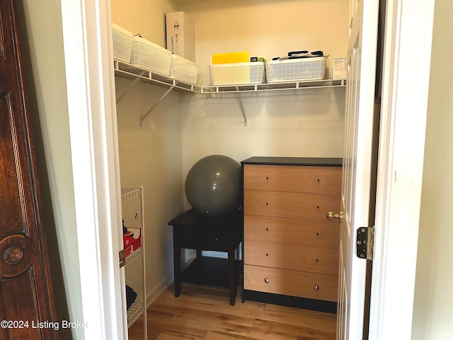 walk in closet with hardwood / wood-style floors