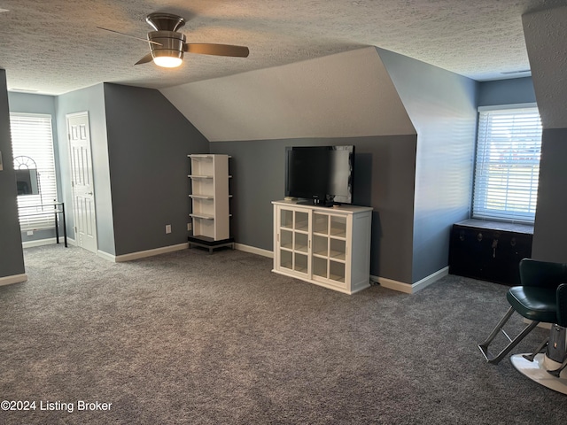 additional living space with lofted ceiling, ceiling fan, carpet floors, and a textured ceiling