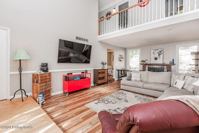 living room featuring wood-type flooring and a high ceiling