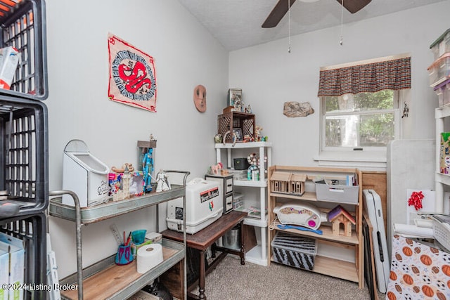 interior space with ceiling fan