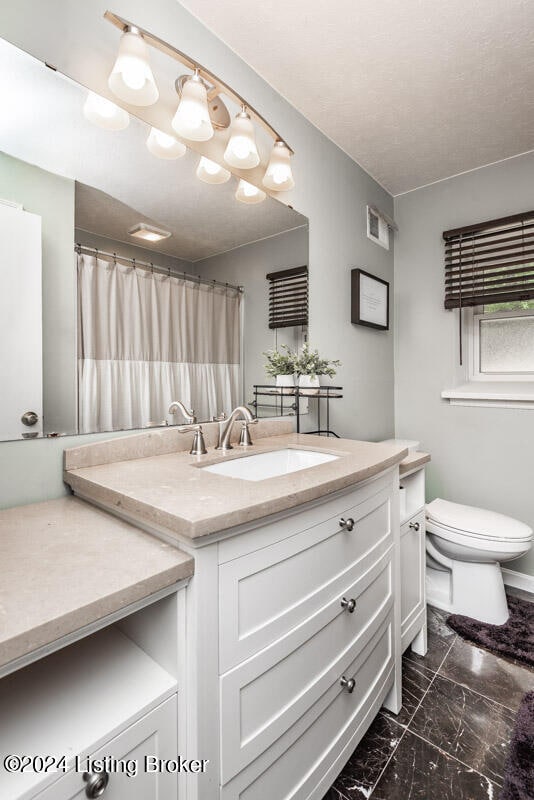 bathroom featuring vanity, toilet, and walk in shower