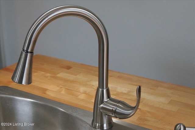 interior details with butcher block countertops and sink