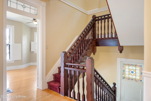 stairs with hardwood / wood-style flooring and ceiling fan