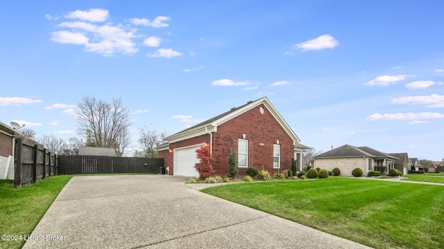 view of home's exterior with a lawn and a garage