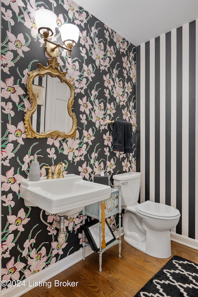 bathroom with sink, toilet, and hardwood / wood-style flooring