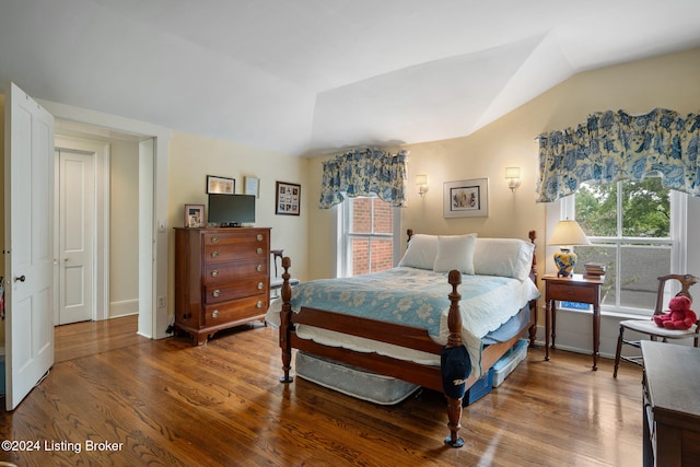 bedroom with a closet, hardwood / wood-style floors, and vaulted ceiling