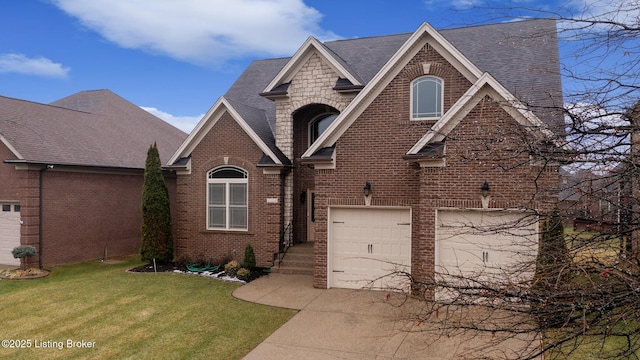 view of front of house with an attached garage, stone siding, roof with shingles, and brick siding