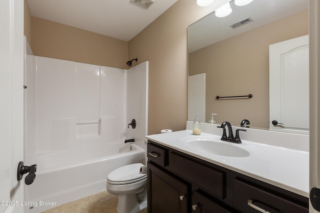 full bath with toilet, bathtub / shower combination, vanity, and visible vents