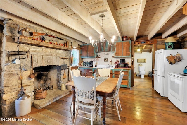 dining room with beam ceiling, a stone fireplace, a notable chandelier, light hardwood / wood-style floors, and wood ceiling