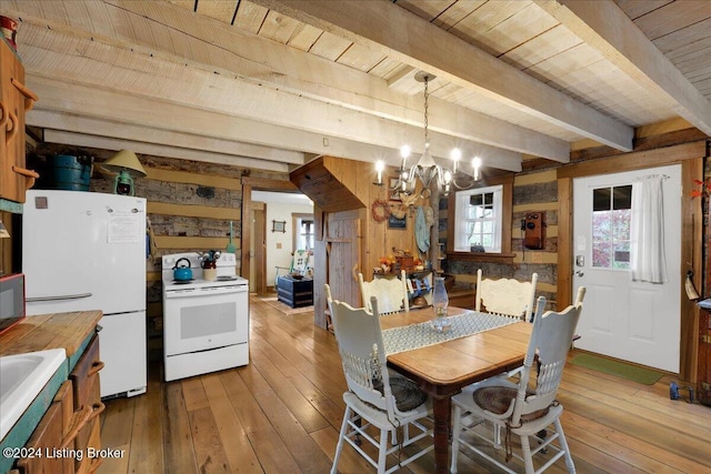 dining area with wood ceiling, beam ceiling, hardwood / wood-style flooring, a chandelier, and wood walls