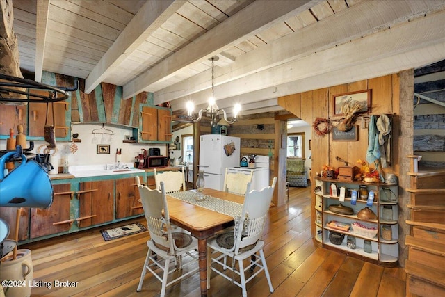 dining area featuring beam ceiling, wood walls, a chandelier, wood ceiling, and hardwood / wood-style flooring