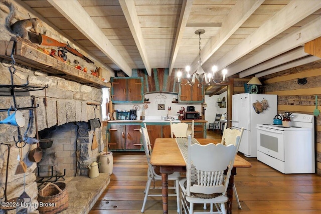 dining room featuring beam ceiling, dark hardwood / wood-style floors, and a notable chandelier