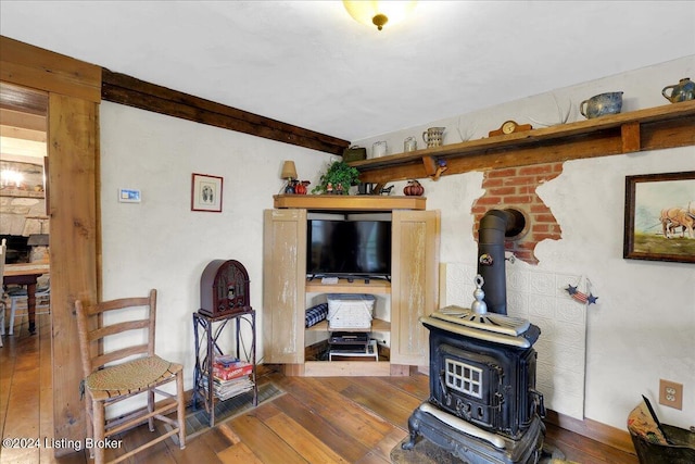 living room with a wood stove and dark hardwood / wood-style floors