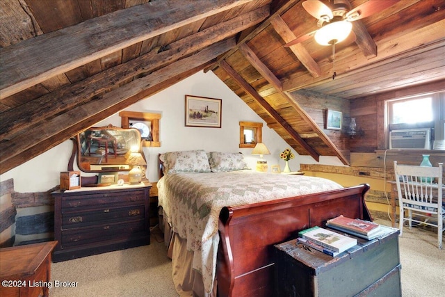 carpeted bedroom with lofted ceiling with beams, cooling unit, ceiling fan, and wooden ceiling