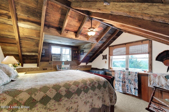 carpeted bedroom with vaulted ceiling with beams, ceiling fan, cooling unit, and wooden ceiling