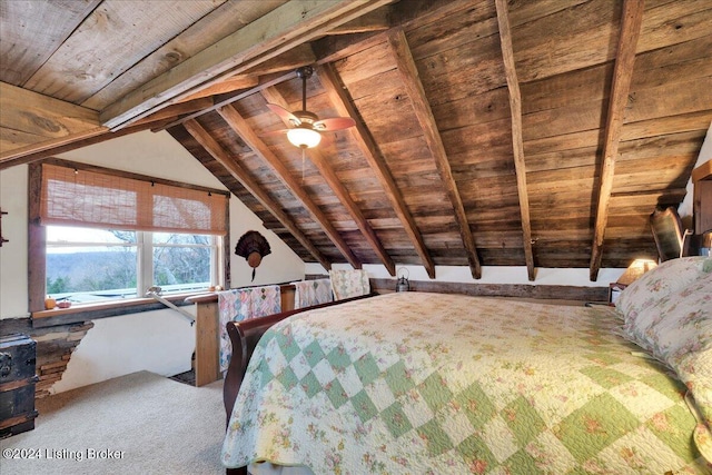 bedroom with wooden ceiling, carpet floors, and lofted ceiling with beams