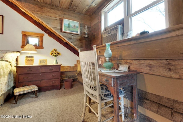 bedroom featuring cooling unit, carpet, and wooden ceiling