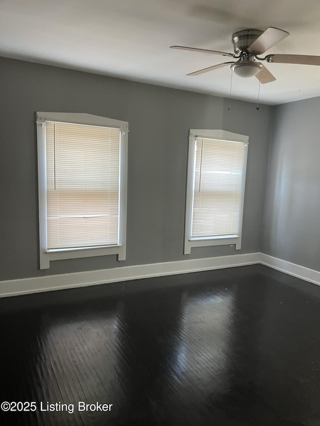 unfurnished room with wood-type flooring, ceiling fan, and plenty of natural light