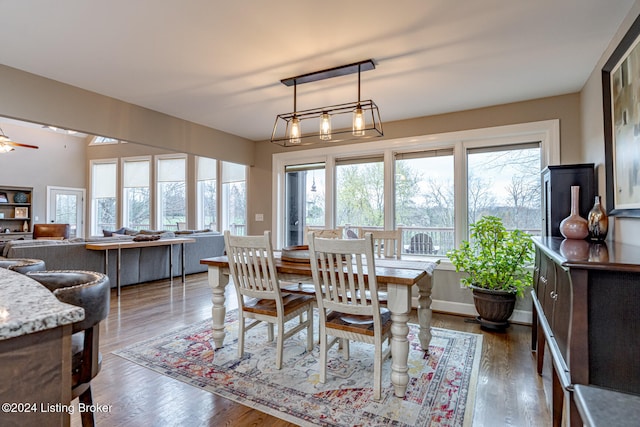 dining area featuring ceiling fan and wood-type flooring