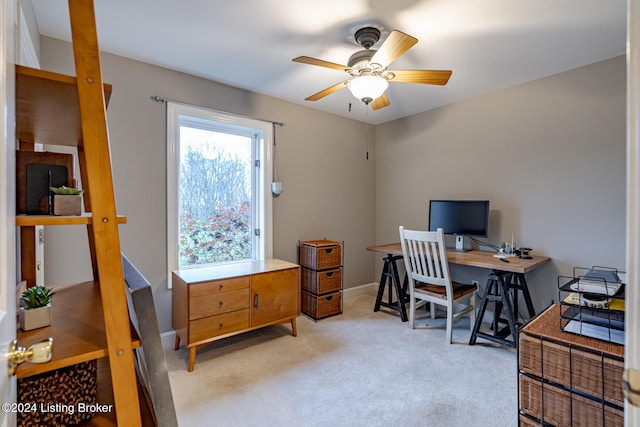 carpeted office space with ceiling fan