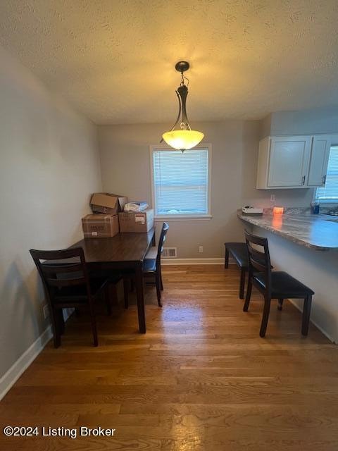 dining space with hardwood / wood-style flooring, a textured ceiling, and a wealth of natural light