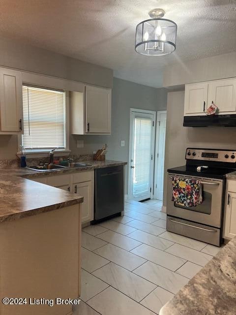 kitchen with white cabinets, stainless steel electric range oven, black dishwasher, and exhaust hood