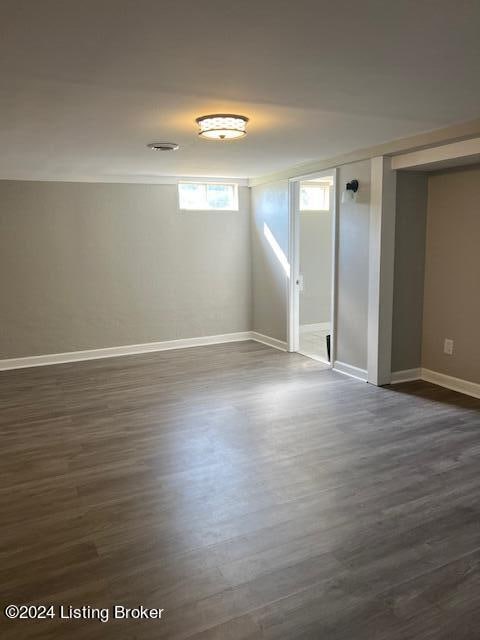 basement featuring dark hardwood / wood-style flooring