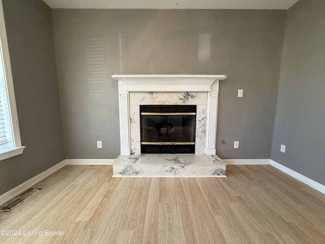 details with wood-type flooring and a high end fireplace