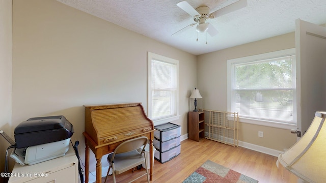 office with ceiling fan, a healthy amount of sunlight, a textured ceiling, and light wood-type flooring