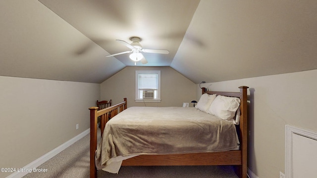 carpeted bedroom featuring cooling unit, ceiling fan, and lofted ceiling