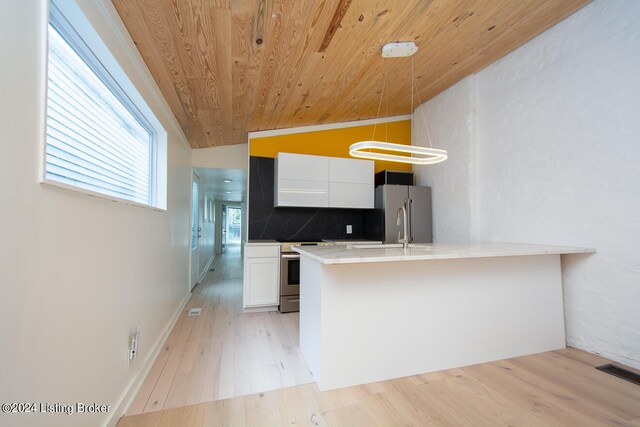 kitchen featuring wooden ceiling, hanging light fixtures, light hardwood / wood-style floors, vaulted ceiling, and white cabinets