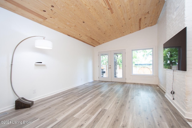 unfurnished living room featuring french doors, wooden ceiling, light hardwood / wood-style flooring, and lofted ceiling