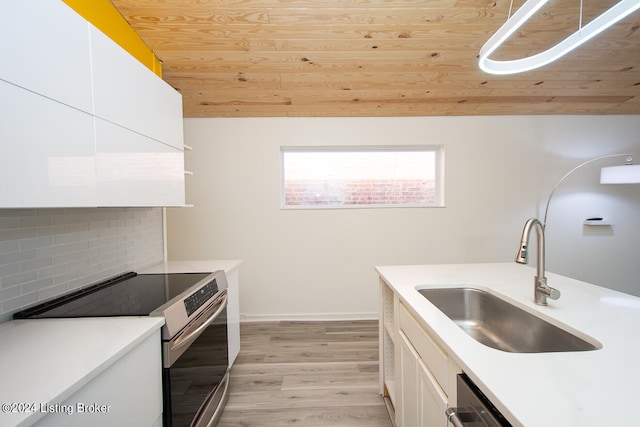 kitchen featuring decorative backsplash, stainless steel electric range oven, sink, and wooden ceiling