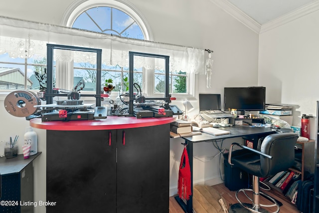 home office with hardwood / wood-style floors, a notable chandelier, crown molding, and a wealth of natural light