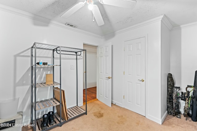 bedroom featuring carpet, ceiling fan, crown molding, and a textured ceiling