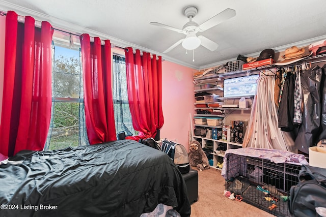 bedroom featuring carpet floors, crown molding, ceiling fan, and a textured ceiling