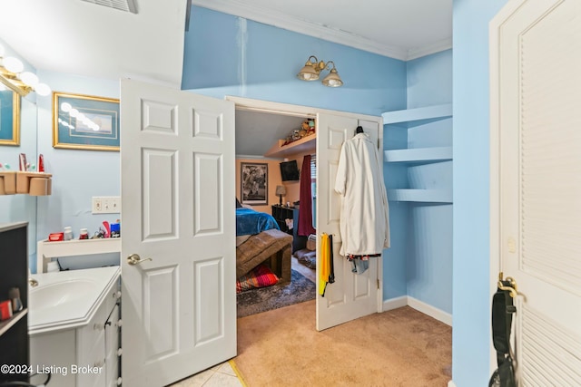 bathroom featuring crown molding and vanity