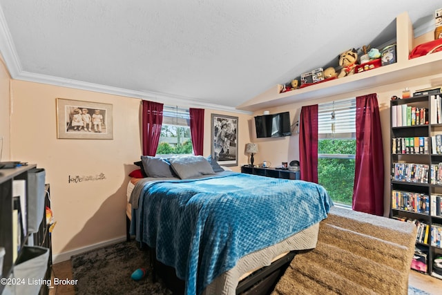 bedroom featuring lofted ceiling, ornamental molding, a textured ceiling, and multiple windows