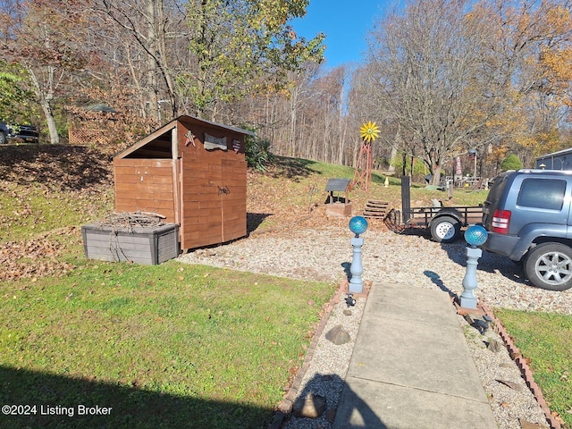 view of yard with a shed