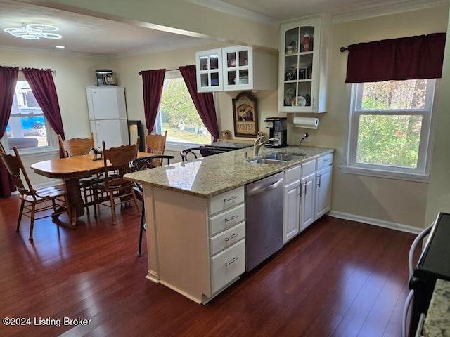 kitchen featuring a wealth of natural light, sink, stainless steel dishwasher, dark hardwood / wood-style floors, and white cabinets