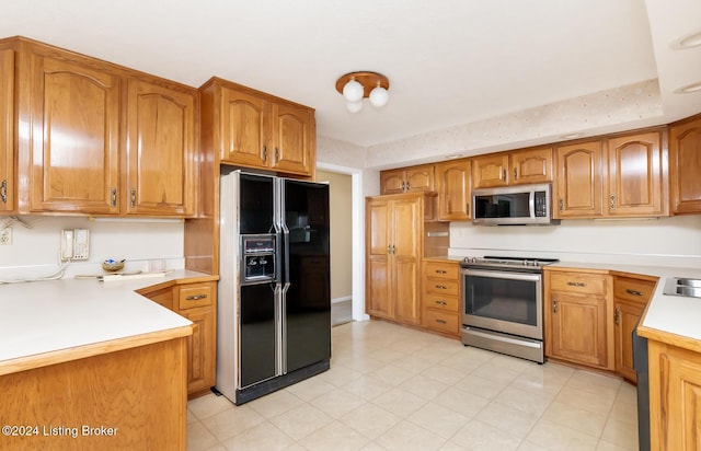 kitchen with stainless steel appliances and a tray ceiling