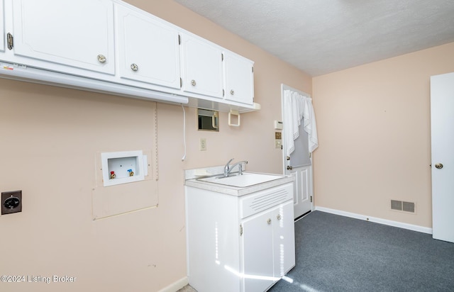 laundry room with cabinets, dark colored carpet, sink, hookup for a washing machine, and hookup for an electric dryer