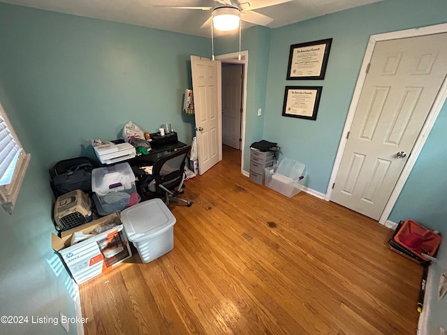 office space featuring ceiling fan and light hardwood / wood-style flooring