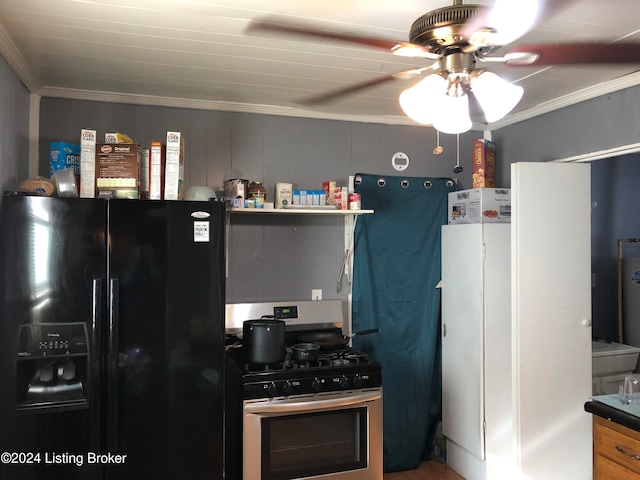 kitchen with gas stove, black refrigerator with ice dispenser, ceiling fan, and ornamental molding