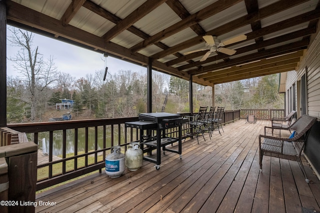 deck featuring ceiling fan, a water view, and grilling area