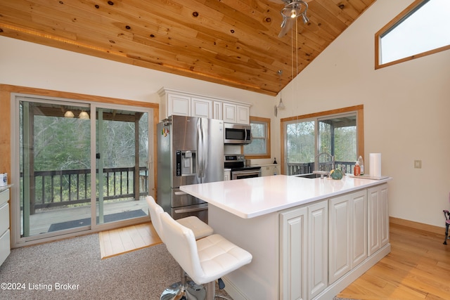 kitchen featuring wooden ceiling, white cabinets, sink, light hardwood / wood-style floors, and stainless steel appliances