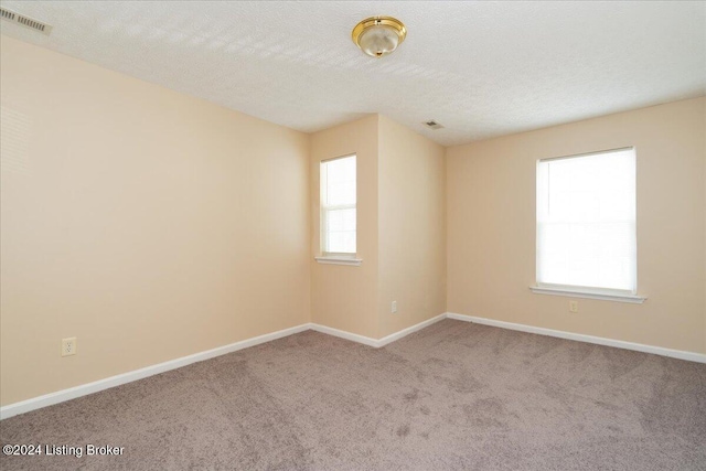 carpeted spare room with a textured ceiling