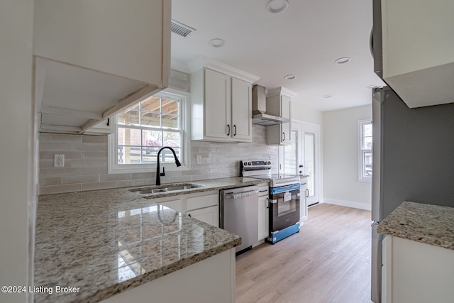 kitchen with white cabinets, sink, wall chimney exhaust hood, decorative backsplash, and appliances with stainless steel finishes