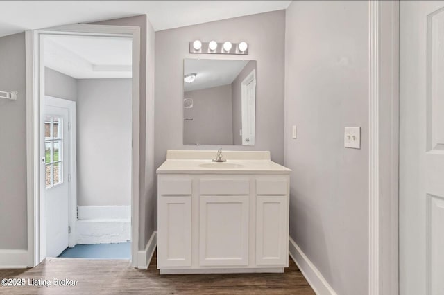 bathroom with hardwood / wood-style floors and vanity